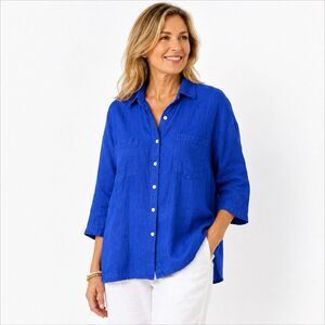 100% Lino Made in Italy Blue Short Sleeve Shell Button Up Oversized Top Women L